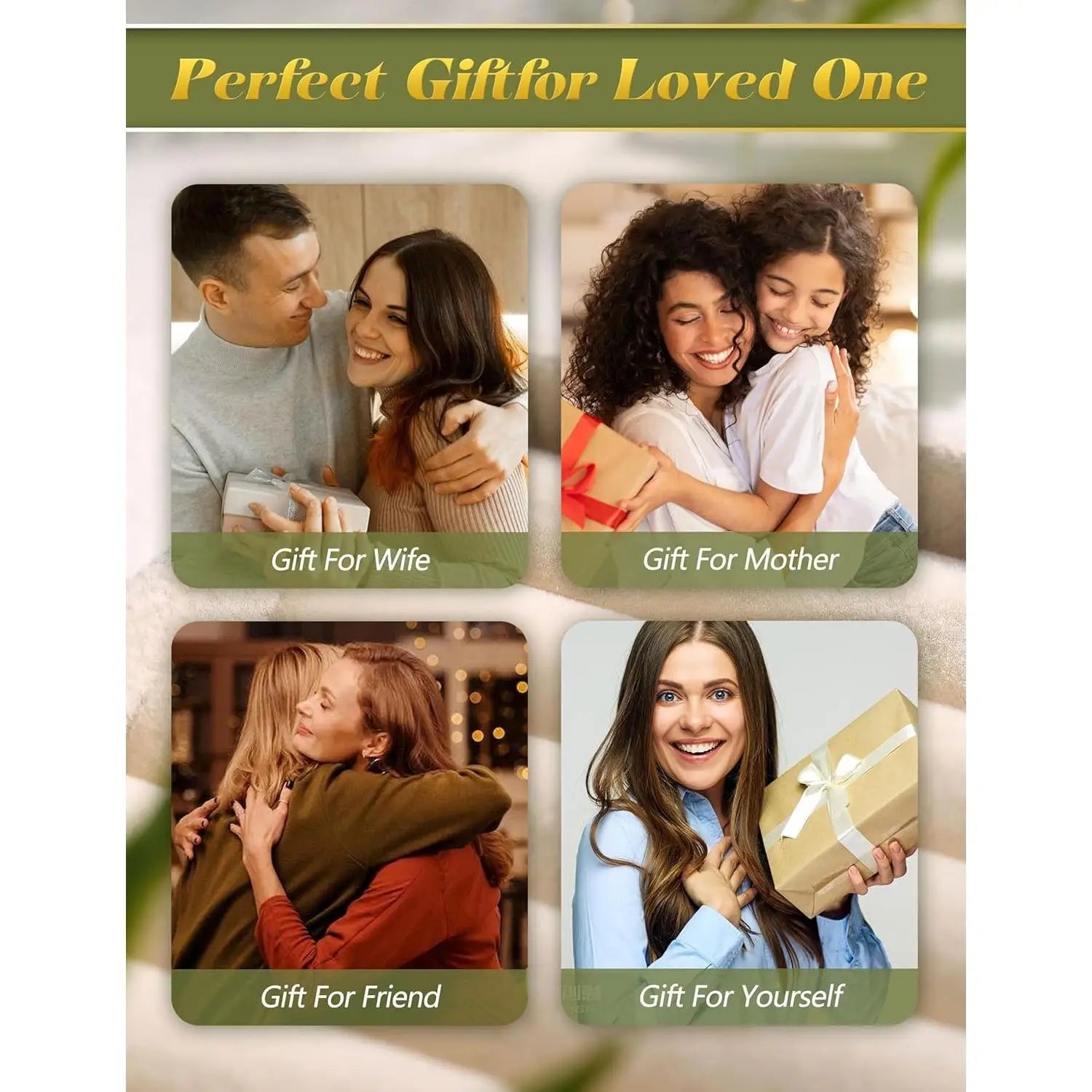 Promotional graphic with four scenarios showing people with gifts, labeled 'Gift For Wife', 'Gift For Mother', 'Gift For Friend', and 'Gift For Yourself'.