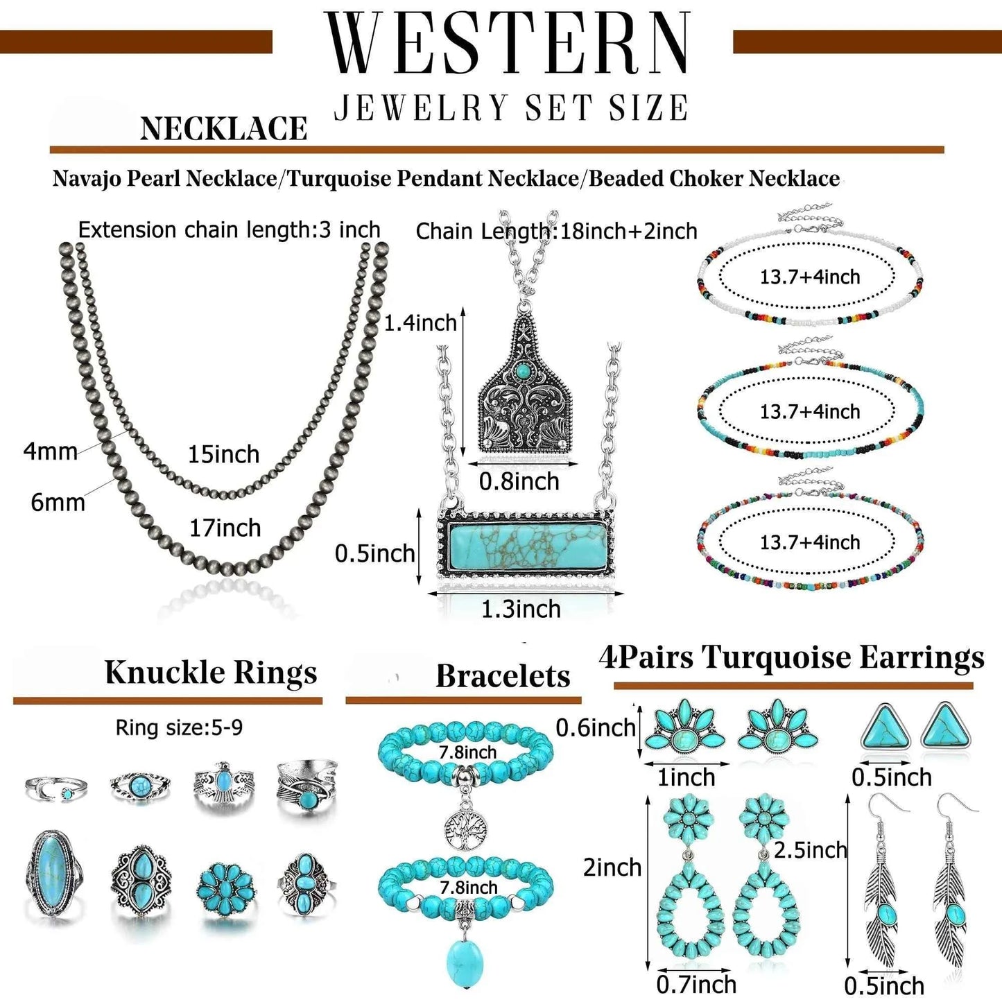 Turquoise Jewelry Set - Bohemian Western Necklace, Earrings & Bracelet