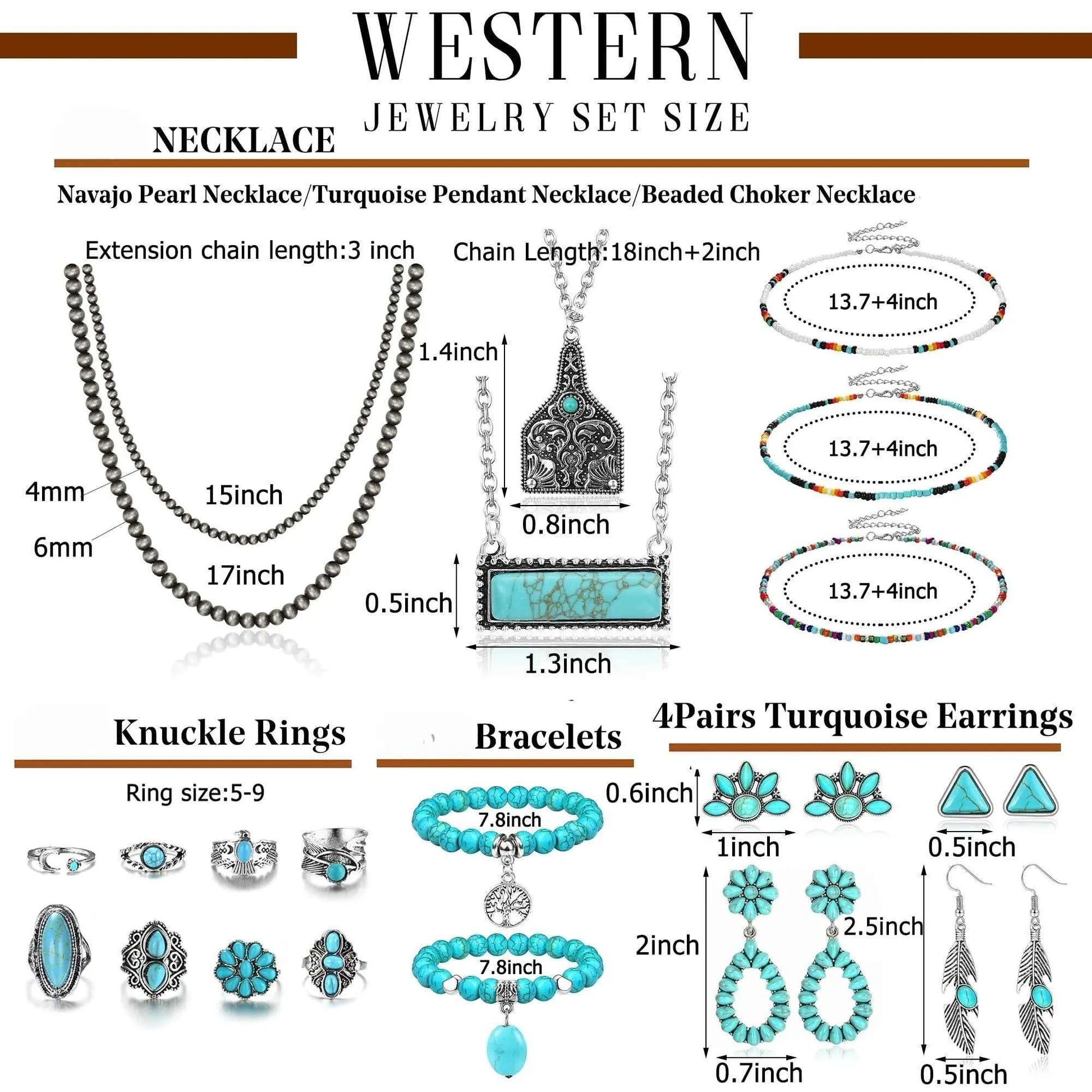 Turquoise Jewelry Set - Bohemian Western Necklace, Earrings & Bracelet