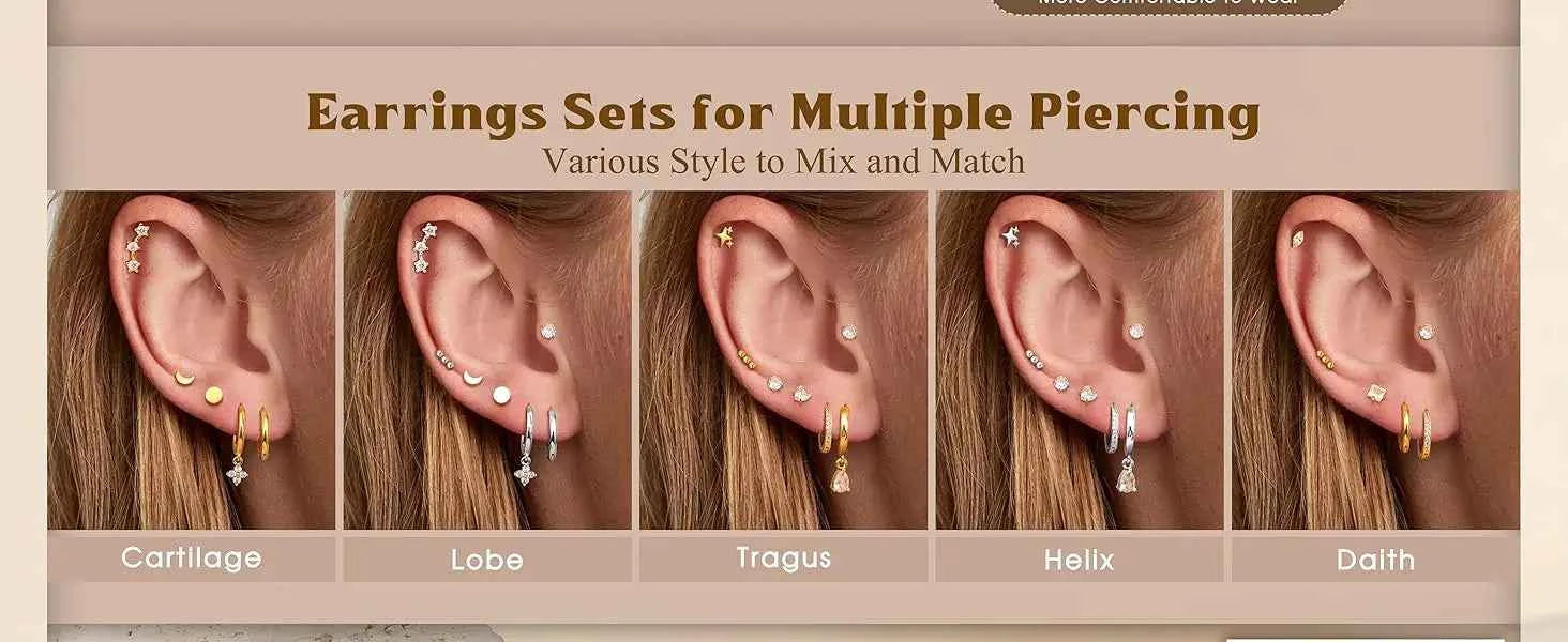 Hypoallergenic Flat Back Earrings Set for Women 14K Gold-plated Surgical Steel Stud Hoop Earrings Cartilage Piercing Jewellry