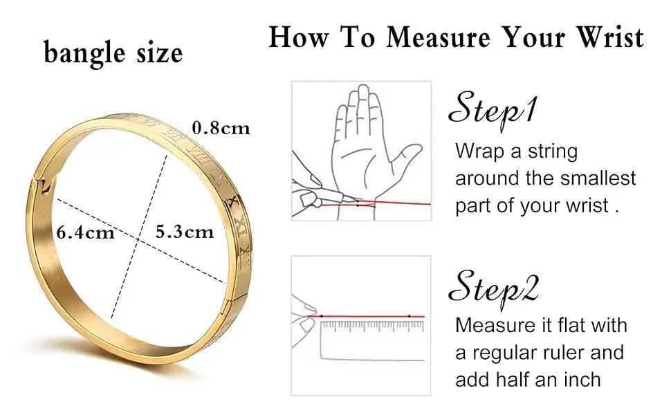 Instructions on how to measure bangle size with a gold ring and measurement diagram.
