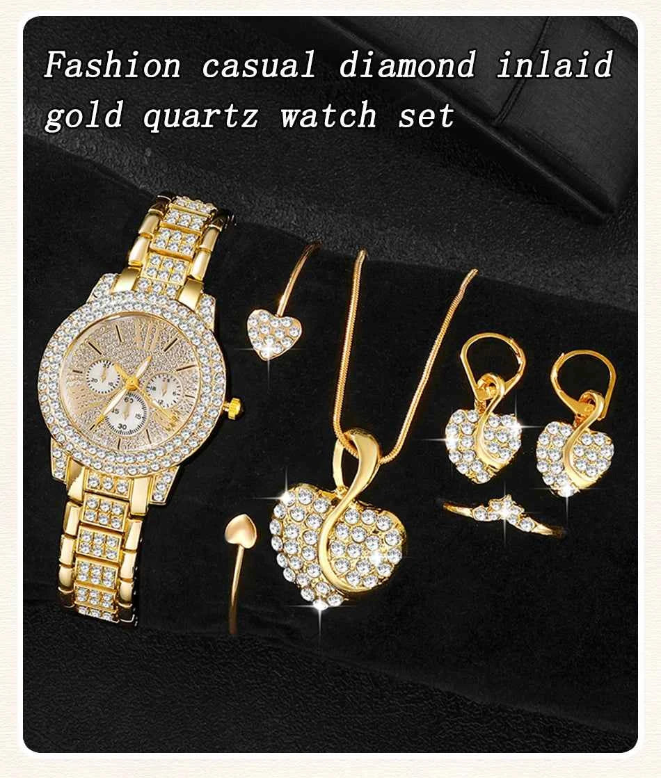 Gold Luxury Watch & Jewelry Set – Women's Rhinestone Watch, Ring, Necklace & Earrings