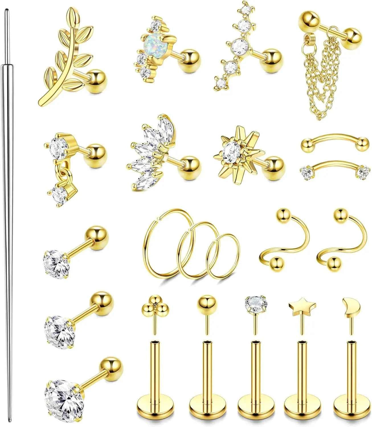 Cartilage Earrings Set - 22 Pieces 16G Surgical Steel Flat Back Studs & Nose Rings