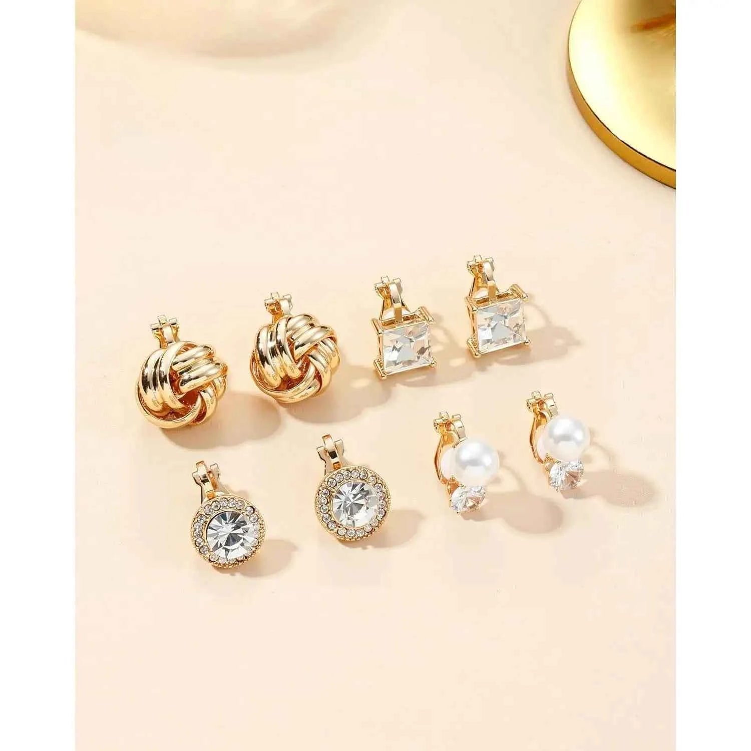 10Pairs Clip On Earrings for Women Non Pierced Ears CZ Pearl Knot Twist Chunky Hoop and Studs Earring Set Ear Clips Jewelry