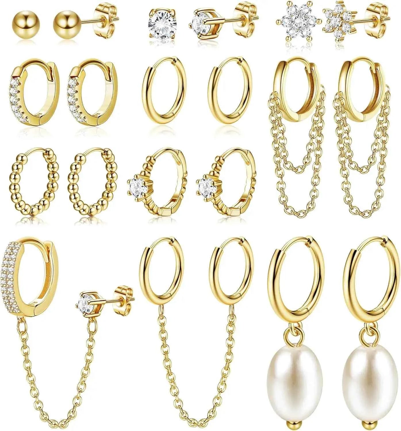 14K Gold Plated Hoop Earrings for Women Double Piercing Chain Earrings Dainty Stud Earrings Hypoallergenic Hoop Earrings Set