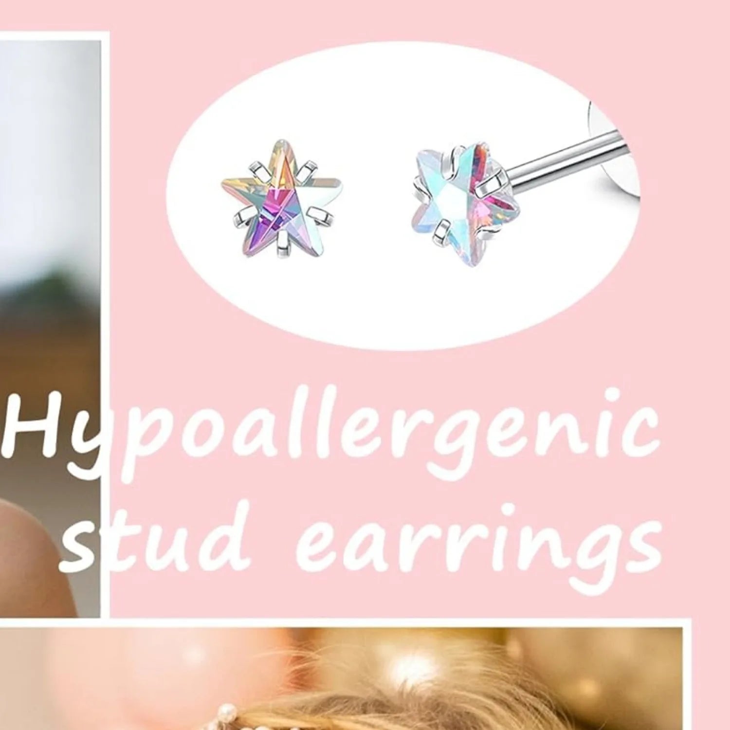 Hypoallergenic stud earrings with a pink background and text.