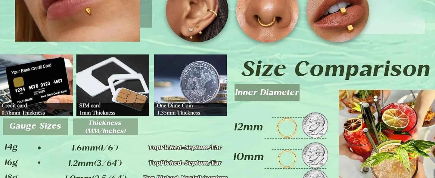 Body Piercing Jewelry Set - 14 Pcs 16G Surgical Steel Eyebrow Rook Belly Lip Rings