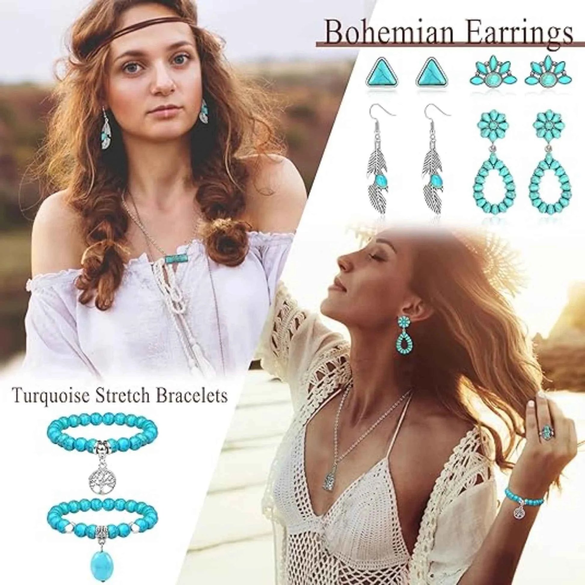 Turquoise Jewelry Set - Bohemian Western Necklace, Earrings & Bracelet