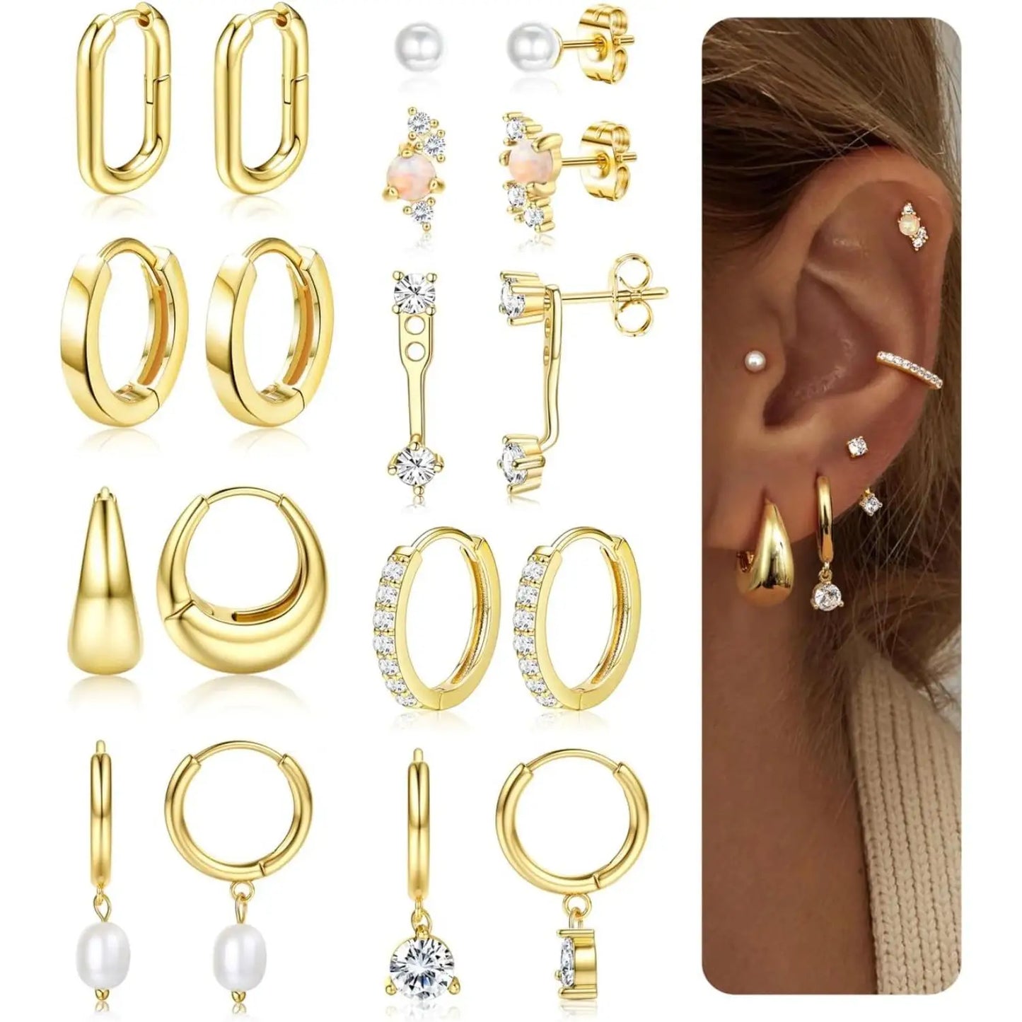 Collection of gold earrings including hoops, studs, and other designs with a close-up of an ear wearing earrings.