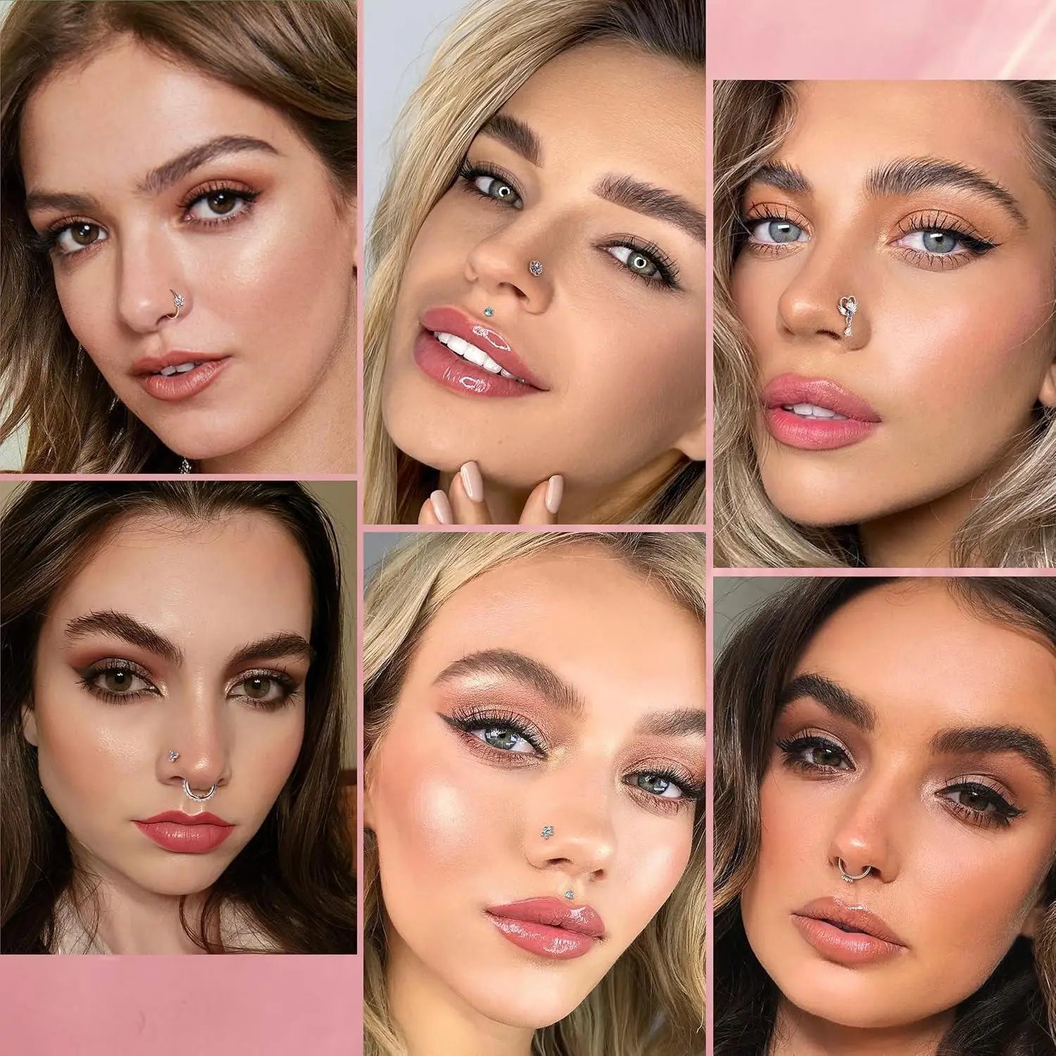 Collage of a woman with different hairstyles and makeup looks.