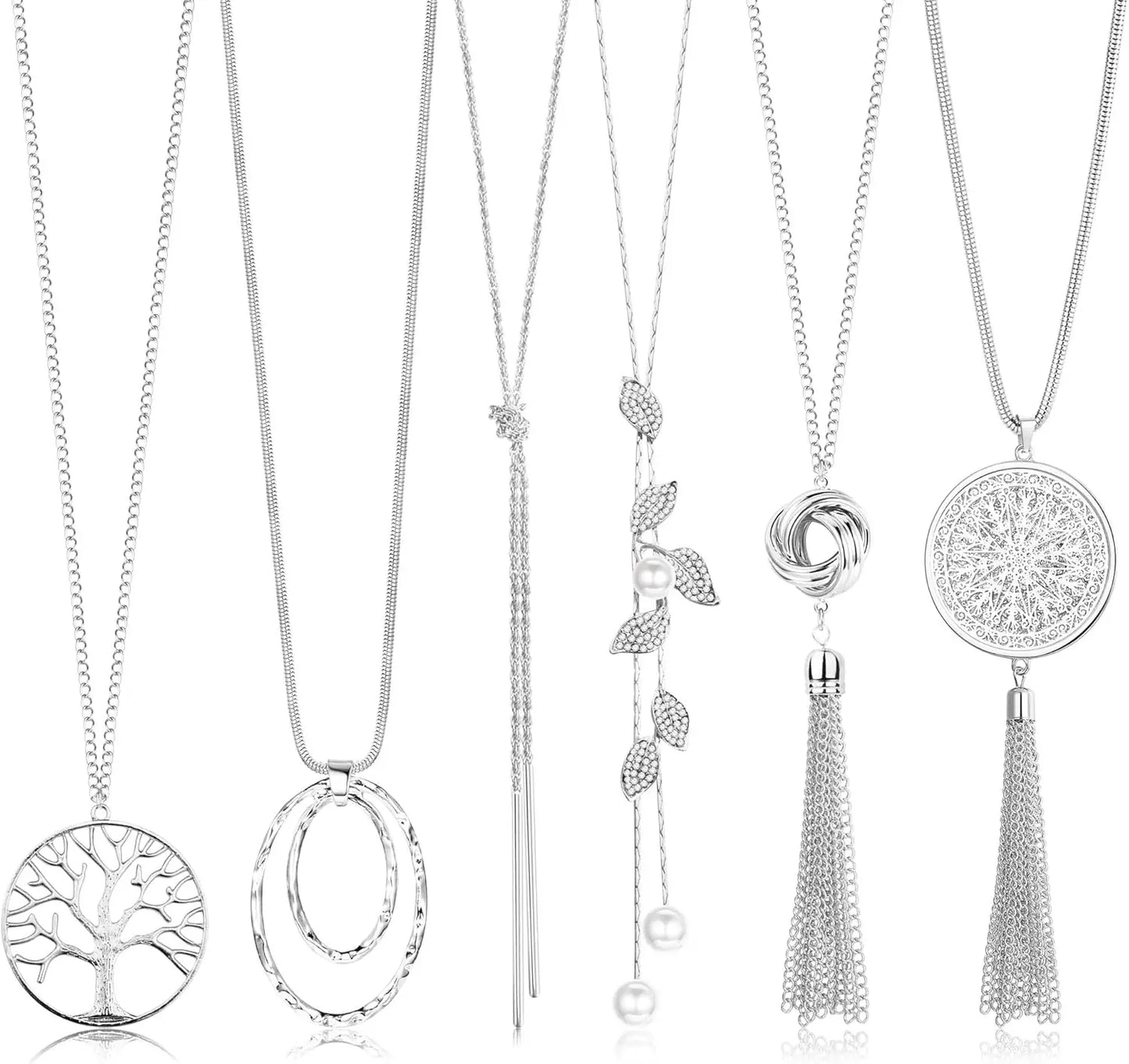 Collection of silver necklaces with various pendants on a white background