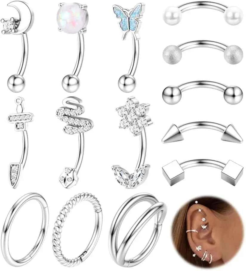 Body Piercing Jewelry Set - 14 Pcs 16G Surgical Steel Eyebrow Rook Belly Lip Rings