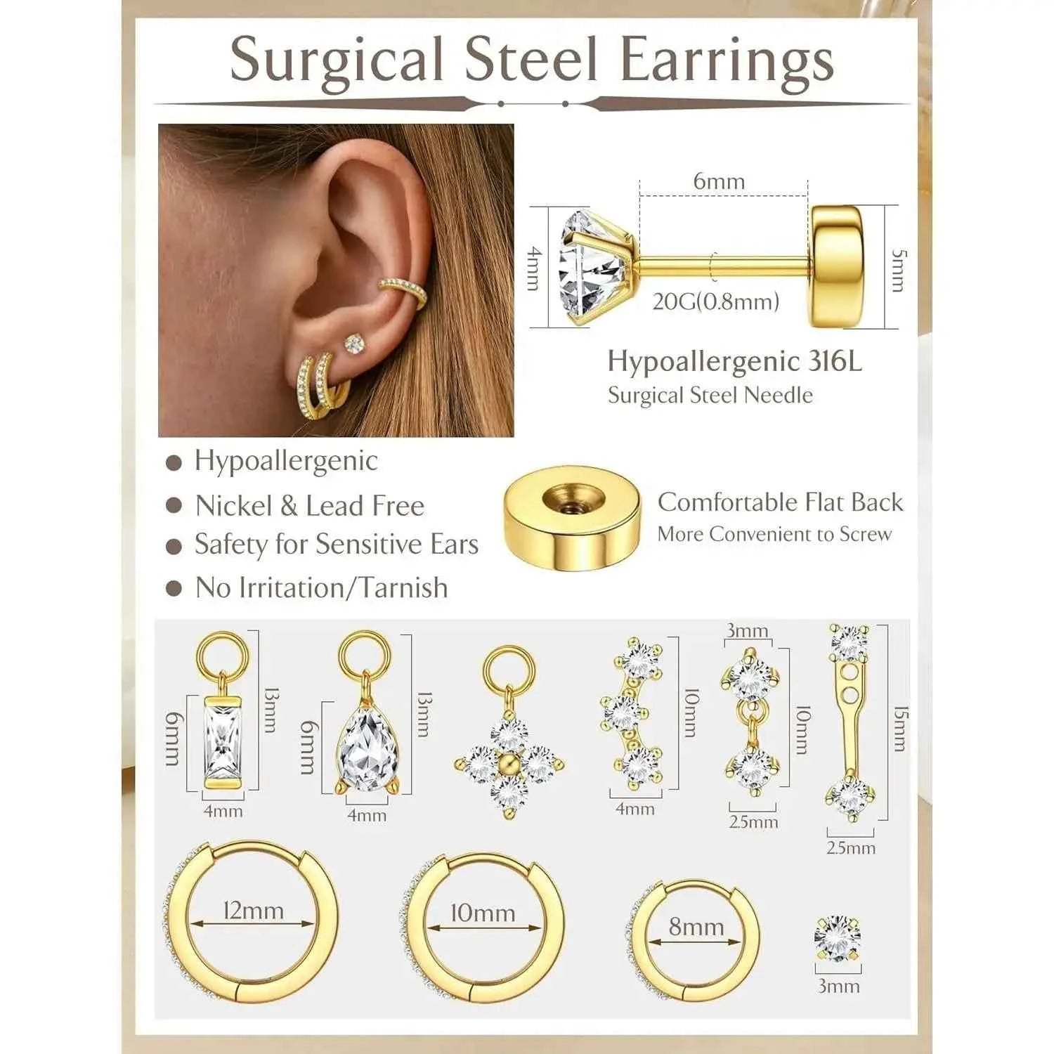 14K Gold Plated Flat Back Earrings - 10 Pairs CZ Hoop Set for Helix Conch Tragus