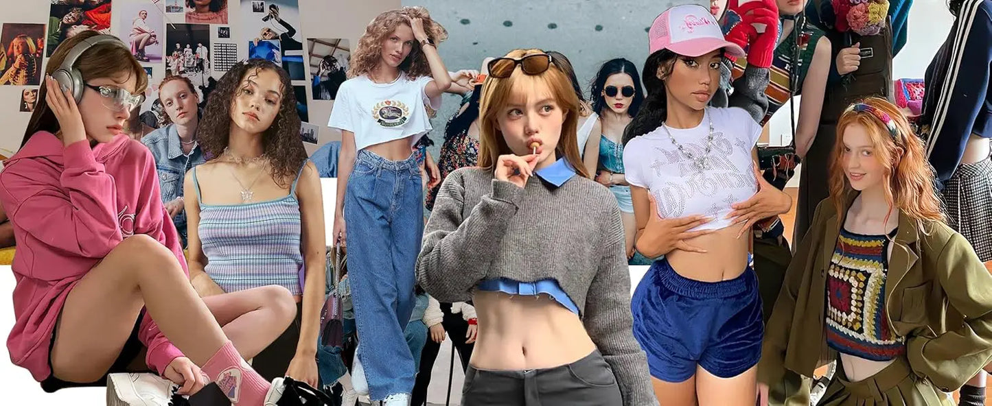 Collage of women in various outfits with a colorful background