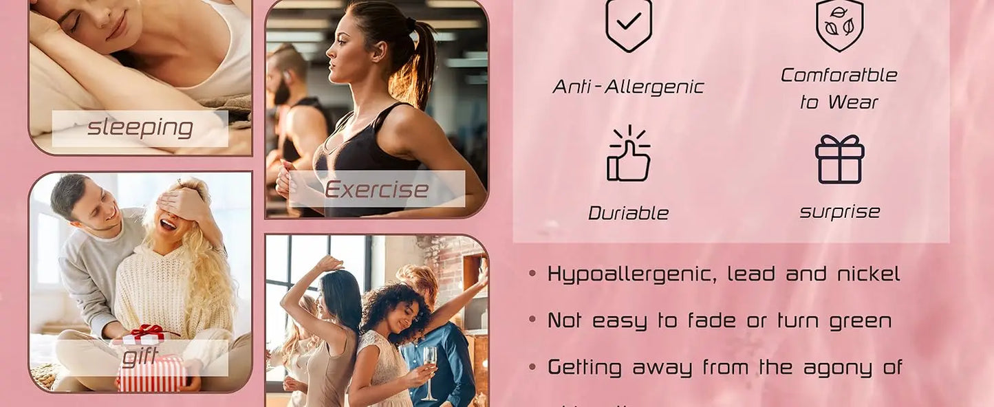 Product advertisement with images of people sleeping, exercising, and receiving a gift, along with text about product features on a pink background.