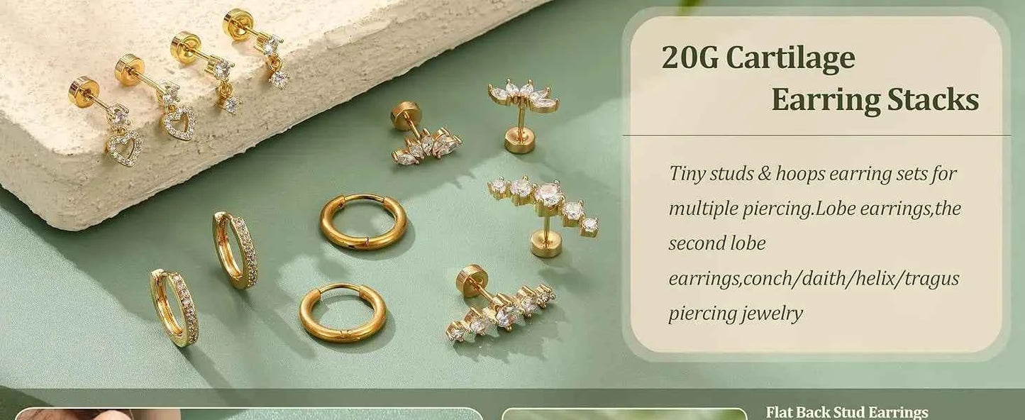 Flat Back Earrings Set - 11 Pairs Surgical Steel Studs & Hoops for Cartilage Helix Tragus