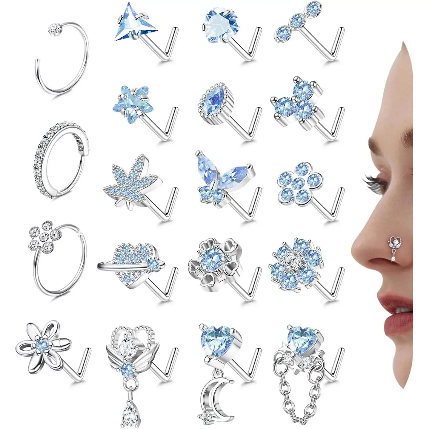 Collection of silver earrings with blue gemstones on a white background, with a close-up of a woman wearing one earring.