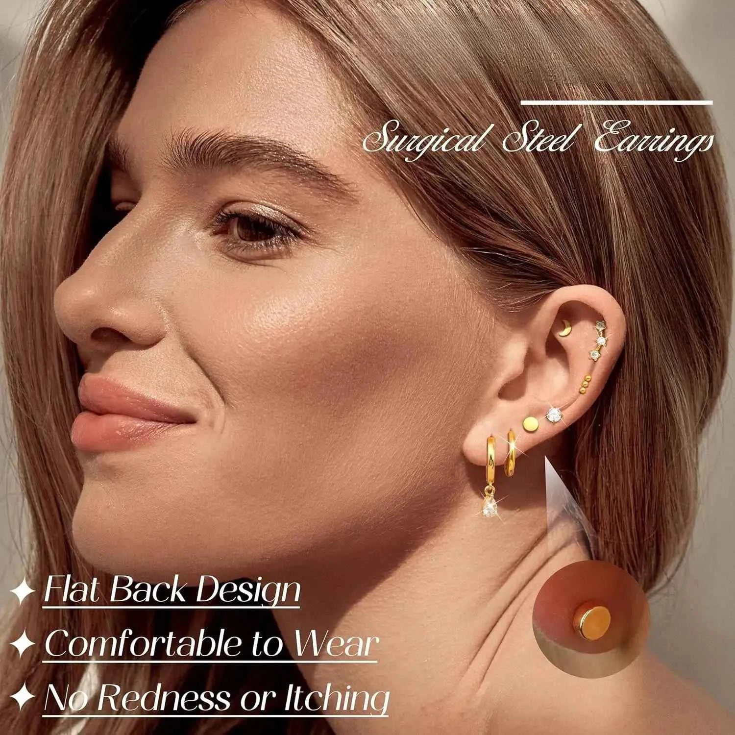 Hypoallergenic Flat Back Earrings Set for Women 14K Gold-plated Surgical Steel Stud Hoop Earrings Cartilage Piercing Jewellry