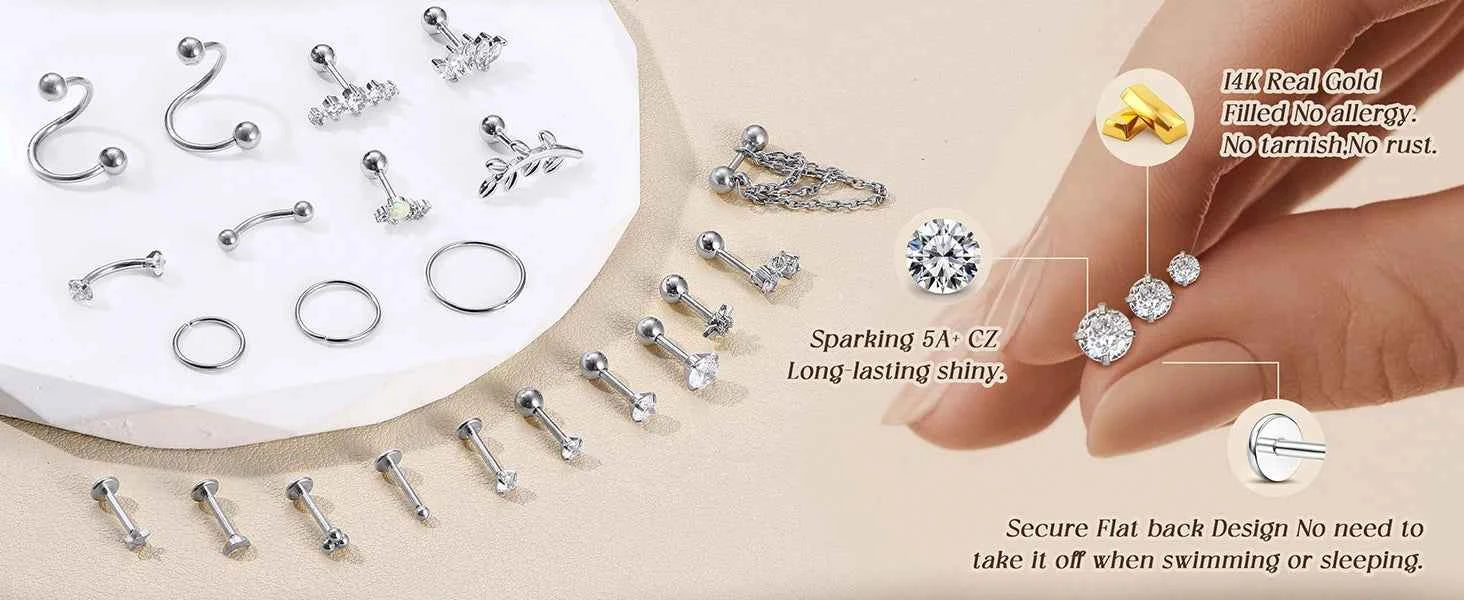 Cartilage Earrings Set - 22 Pieces 16G Surgical Steel Flat Back Studs & Nose Rings