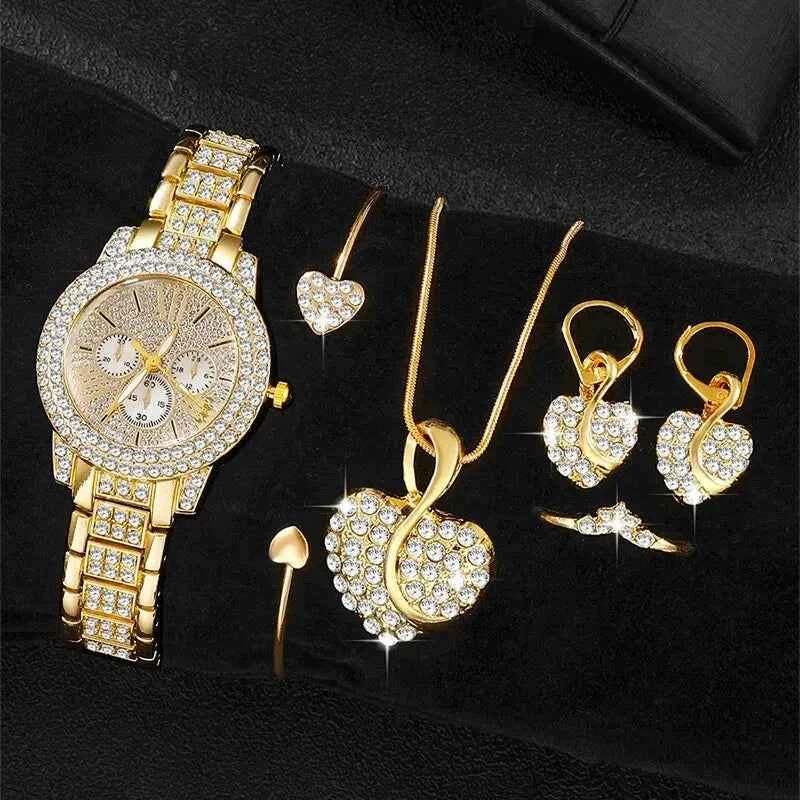 Gold Luxury Watch & Jewelry Set – Women's Rhinestone Watch, Ring, Necklace & Earrings