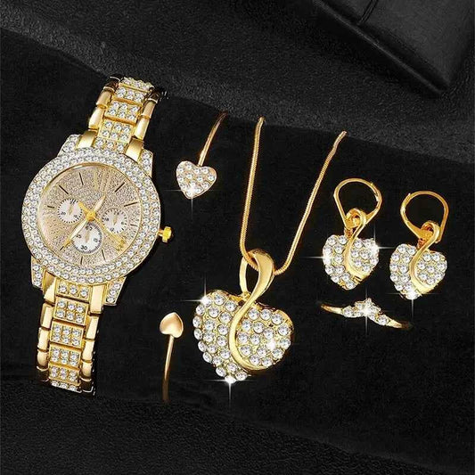 Gold Luxury Watch & Jewelry Set – Women's Rhinestone Watch, Ring, Necklace & Earrings