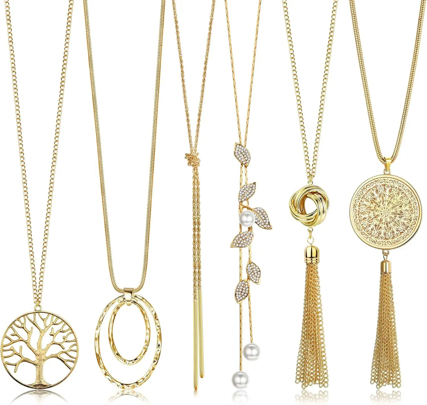Set of gold necklaces with various designs on a white background