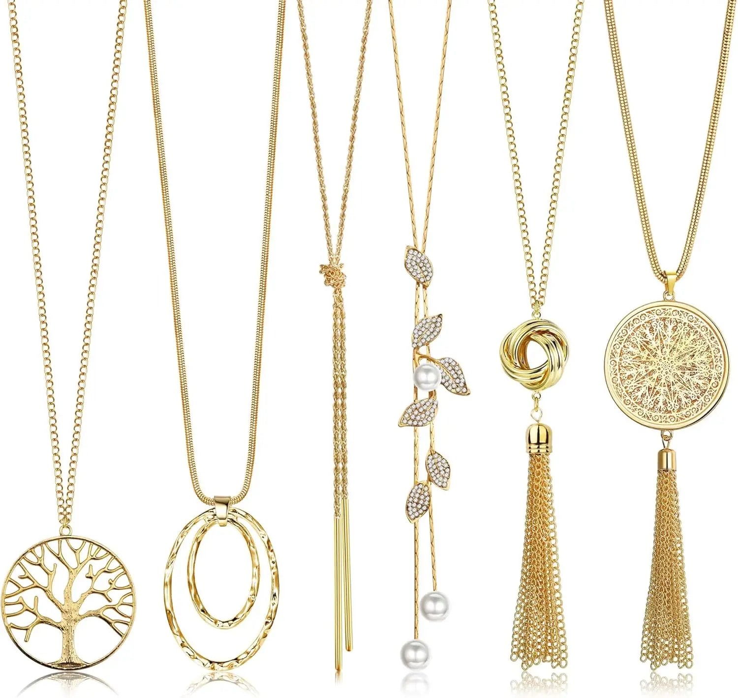 Set of gold necklaces with various designs on a white background
