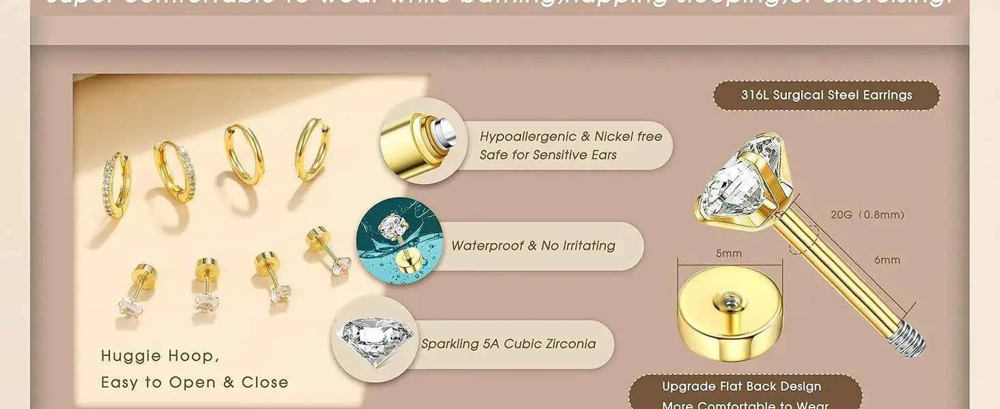 Hypoallergenic Flat Back Earrings Set for Women 14K Gold-plated Surgical Steel Stud Hoop Earrings Cartilage Piercing Jewellry