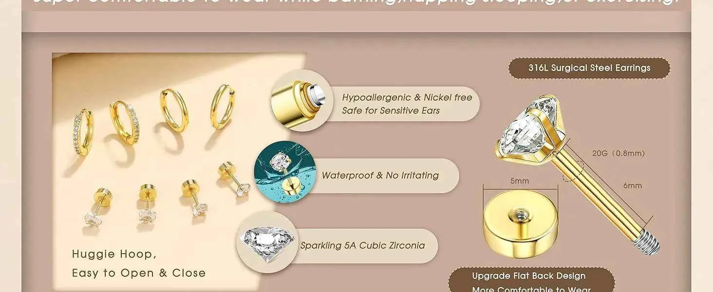 Hypoallergenic Flat Back Earrings Set for Women 14K Gold-plated Surgical Steel Stud Hoop Earrings Cartilage Piercing Jewellry