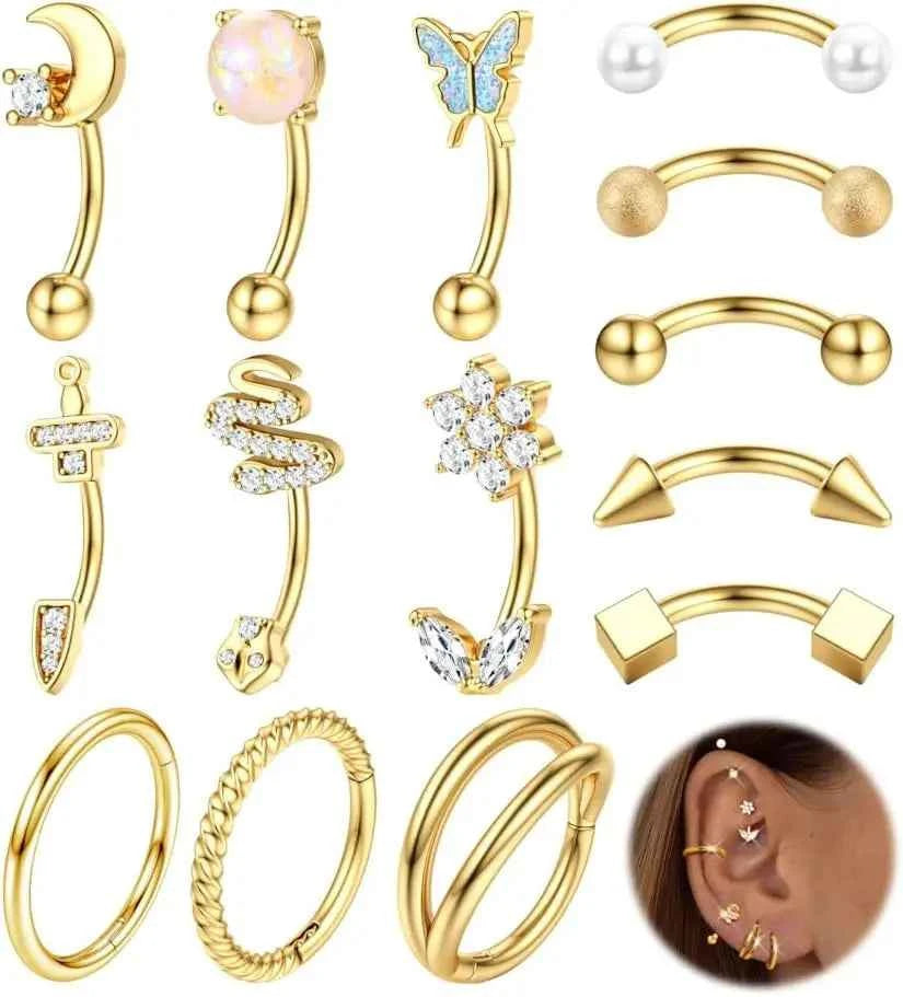 Body Piercing Jewelry Set - 14 Pcs 16G Surgical Steel Eyebrow Rook Belly Lip Rings