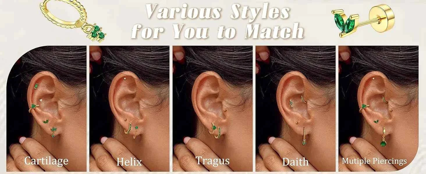 Green Stud & Hoop Earring Set - 13 Piece Stainless Steel Collection