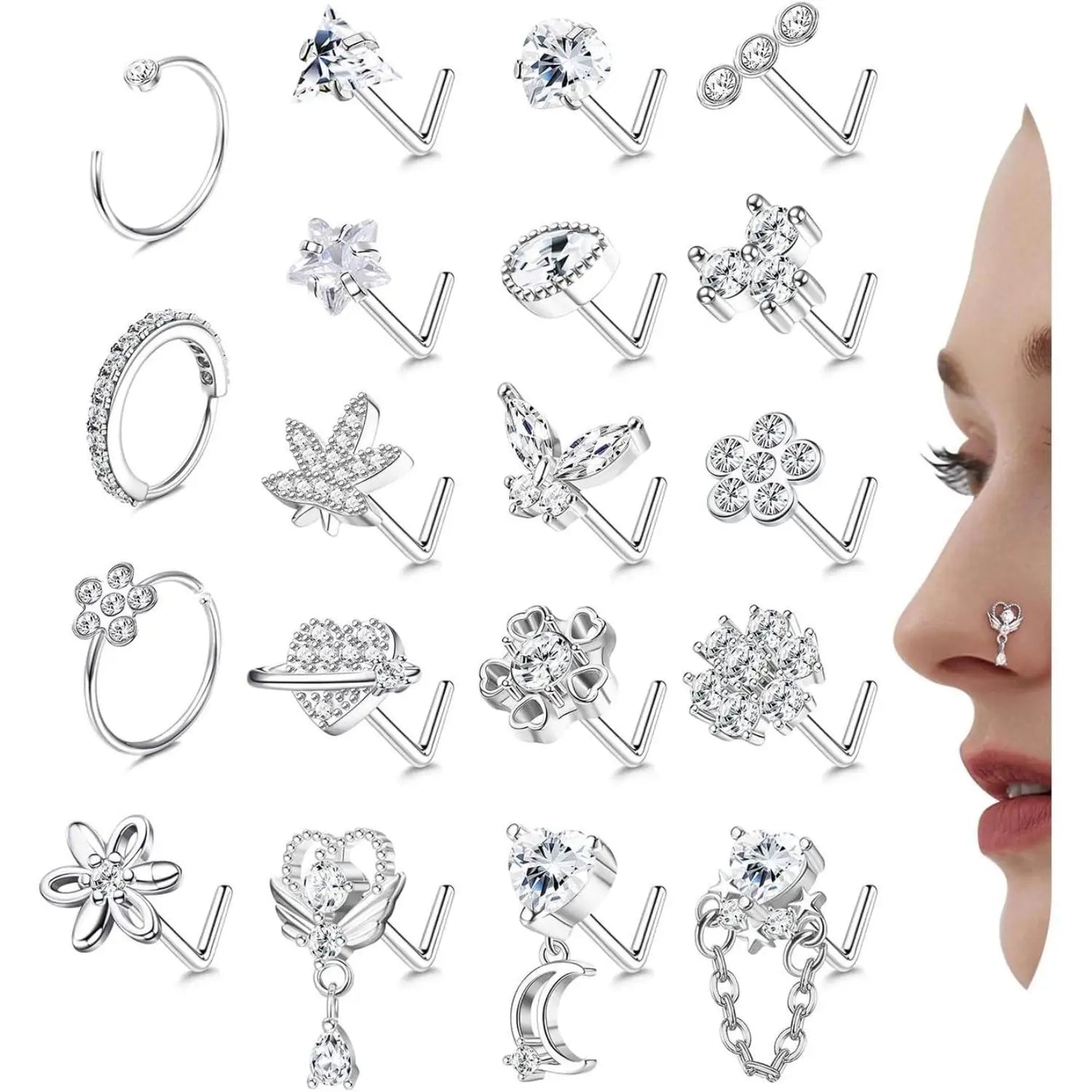 Collection of various silver earrings with crystals on a white background, with a close-up of a woman wearing one.