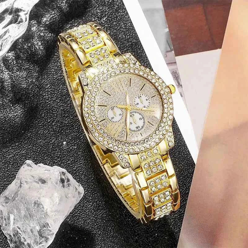 Gold Luxury Watch & Jewelry Set – Women's Rhinestone Watch, Ring, Necklace & Earrings
