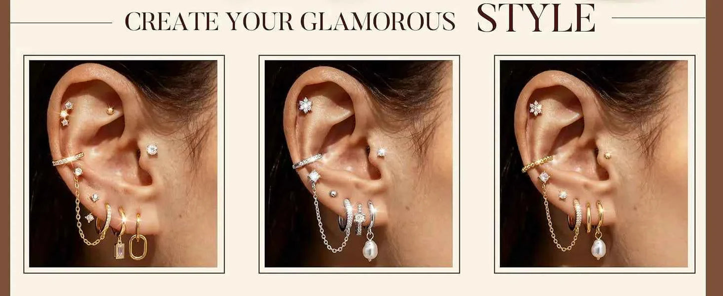 14K Gold Plated Hoop Earrings for Women Double Piercing Chain Earrings Dainty Stud Earrings Hypoallergenic Hoop Earrings Set