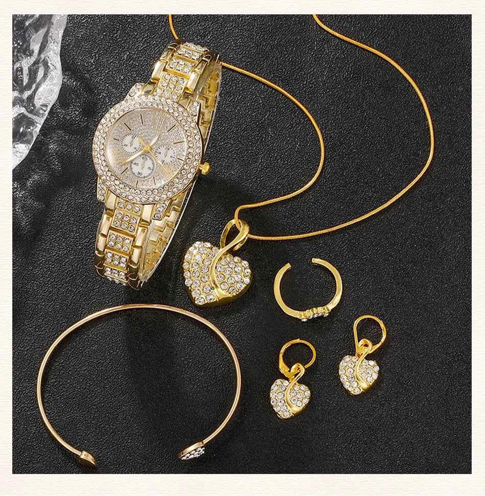 Gold Luxury Watch & Jewelry Set – Women's Rhinestone Watch, Ring, Necklace & Earrings