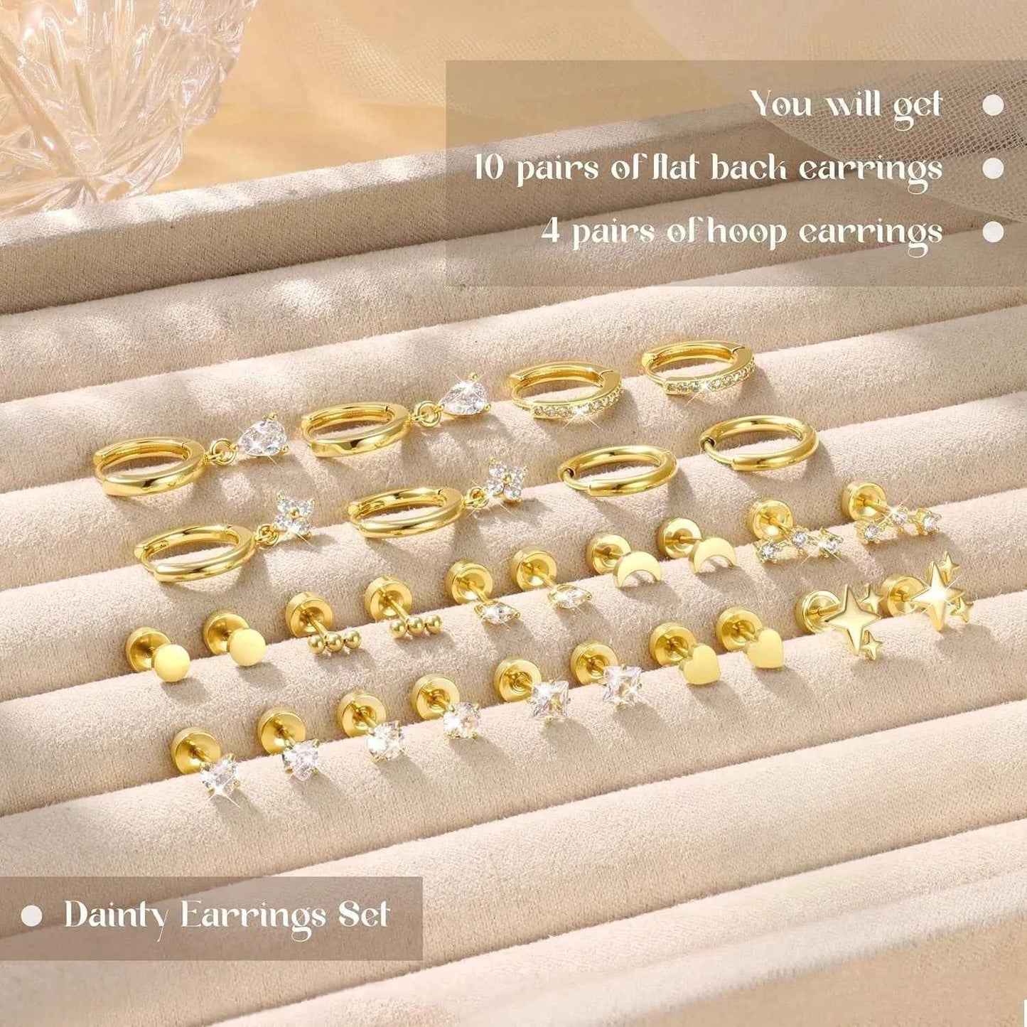 Hypoallergenic Flat Back Earrings Set for Women 14K Gold-plated Surgical Steel Stud Hoop Earrings Cartilage Piercing Jewellry