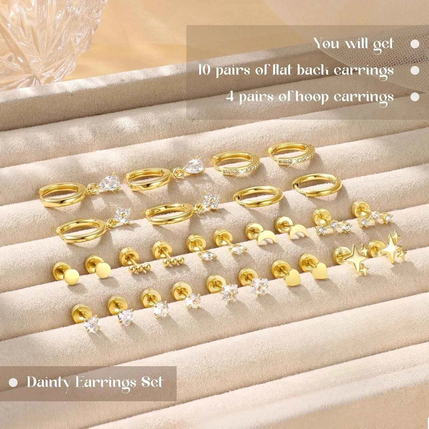 Hypoallergenic Flat Back Earrings Set for Women 14K Gold-plated Surgical Steel Stud Hoop Earrings Cartilage Piercing Jewellry