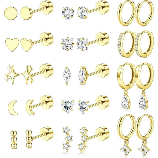 Hypoallergenic Flat Back Earrings Set for Women 14K Gold-plated Surgical Steel Stud Hoop Earrings Cartilage Piercing Jewellry