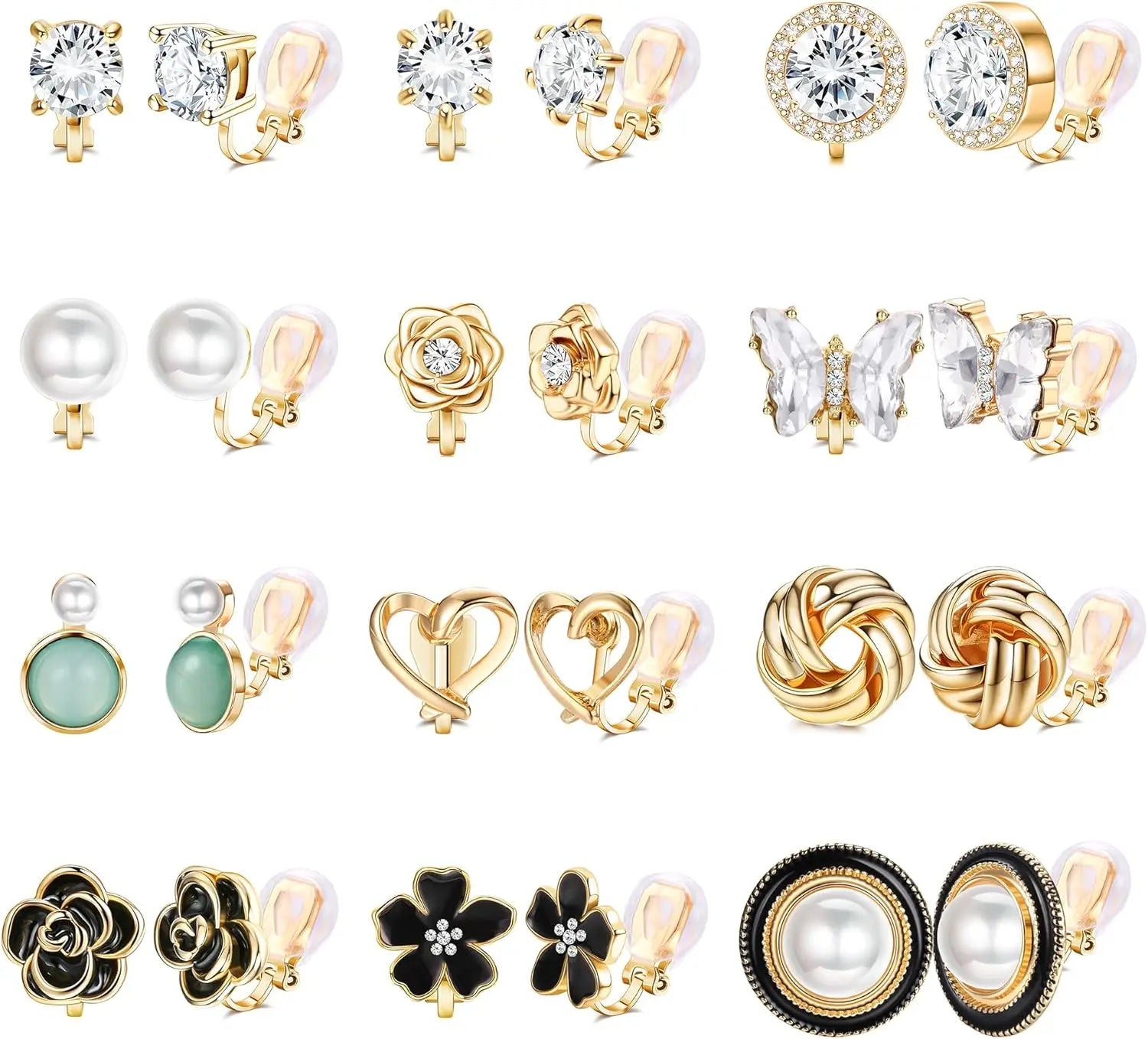 Collection of various gold and pearl earrings on a white background
