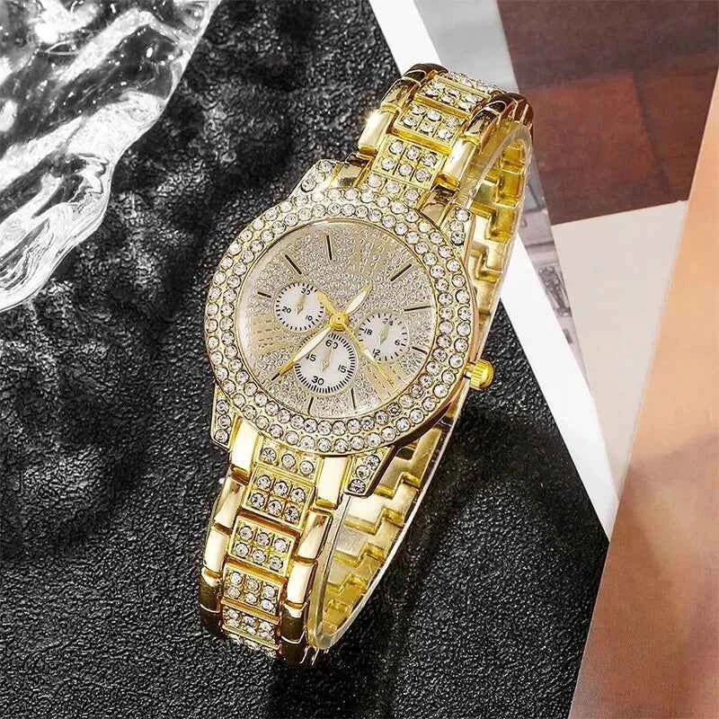 Gold Luxury Watch & Jewelry Set – Women's Rhinestone Watch, Ring, Necklace & Earrings