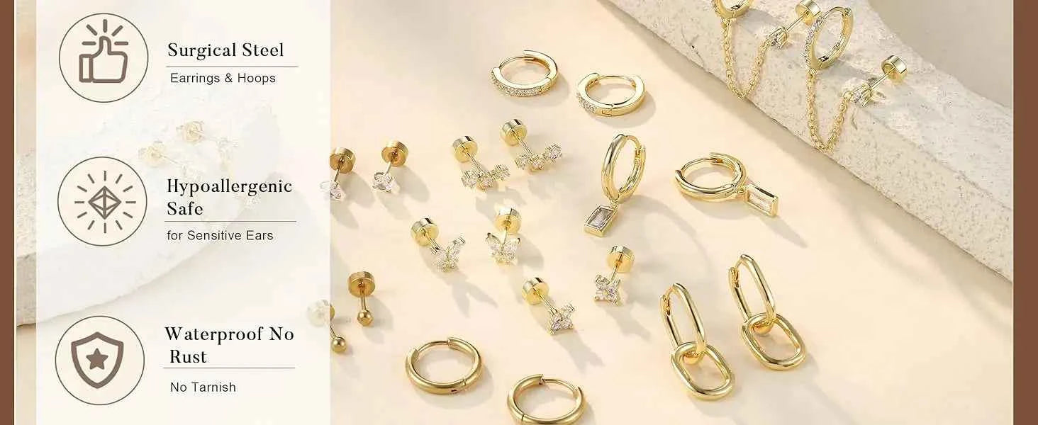 14K Gold Plated Hoop Earrings for Women Double Piercing Chain Earrings Dainty Stud Earrings Hypoallergenic Hoop Earrings Set