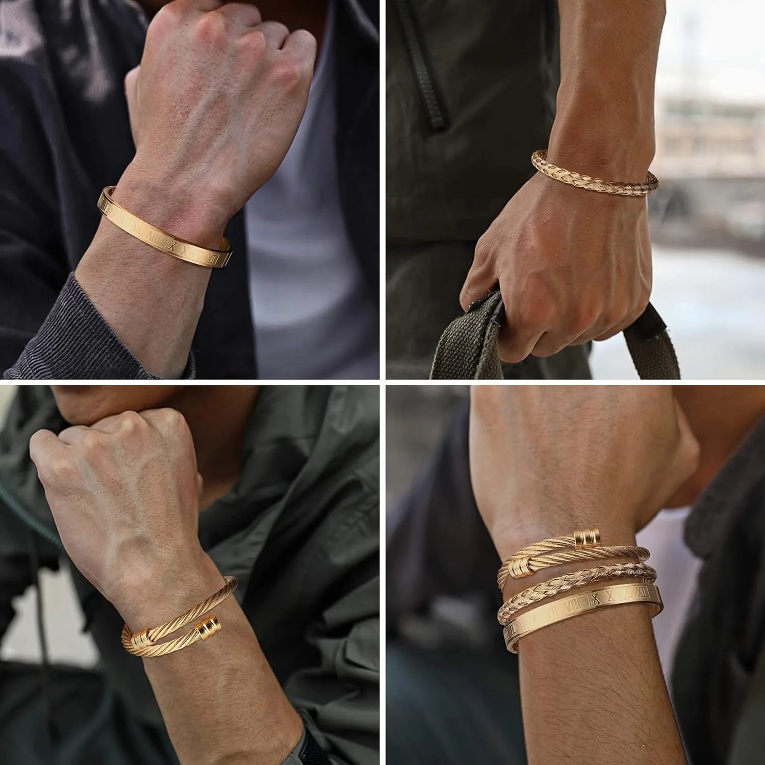 Collage of a person wearing gold bracelets on different wrists.
