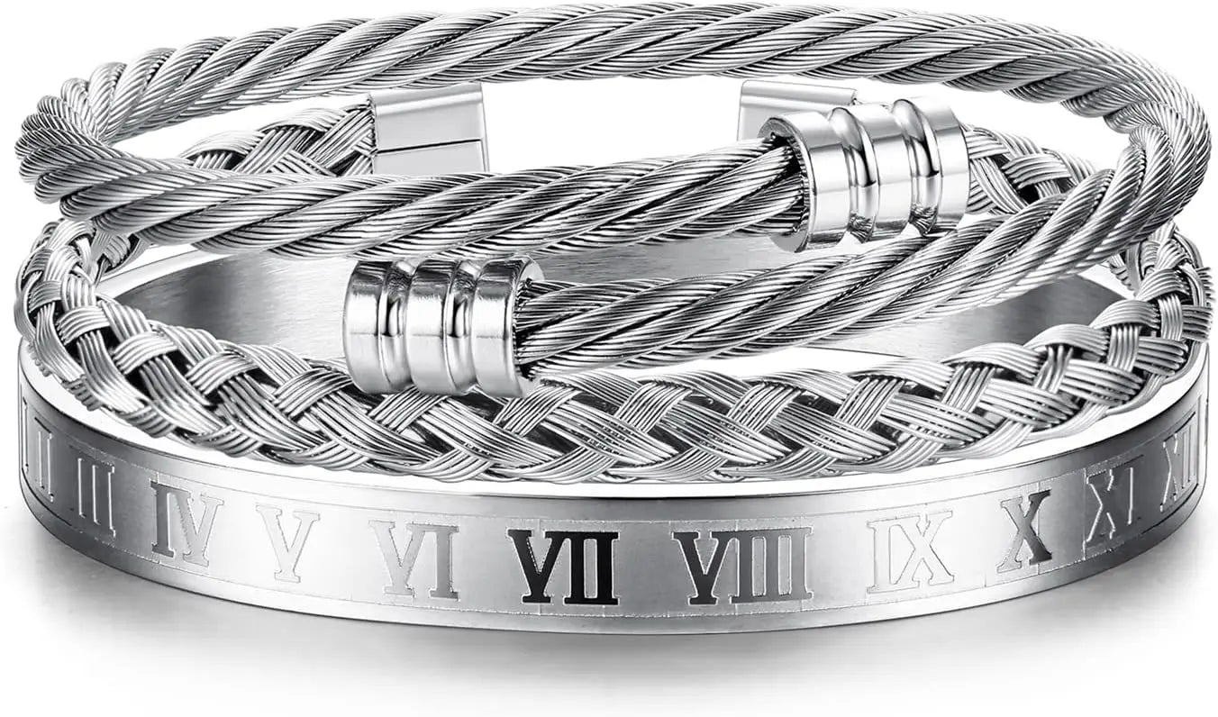 Silver braided bracelet with engraved Roman numerals on a white background