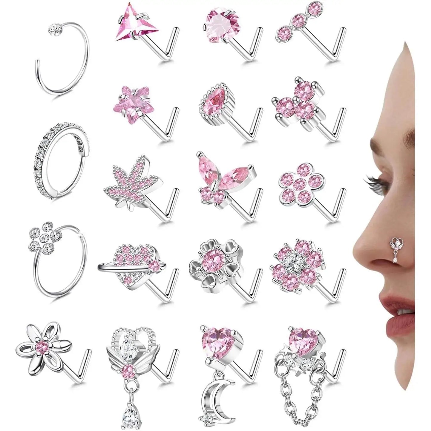 Collection of silver and pink earrings displayed on a white background with a close-up of a woman's face.