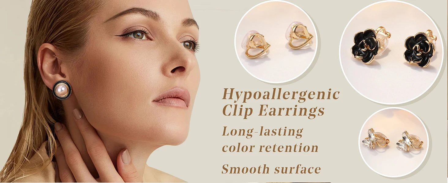 Woman wearing earrings with product details on a beige background