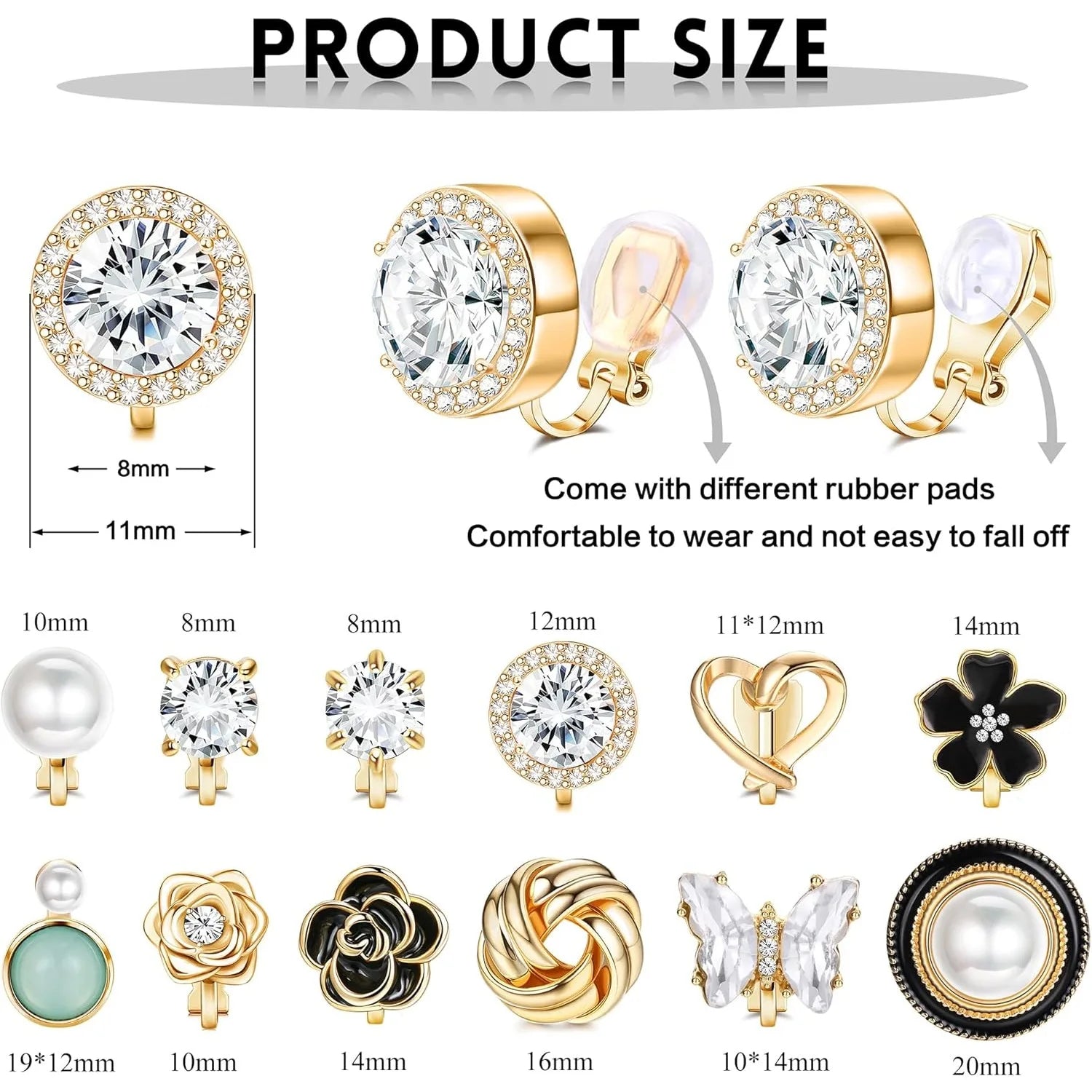 Various earring designs with measurements and rubber pad information on a white background