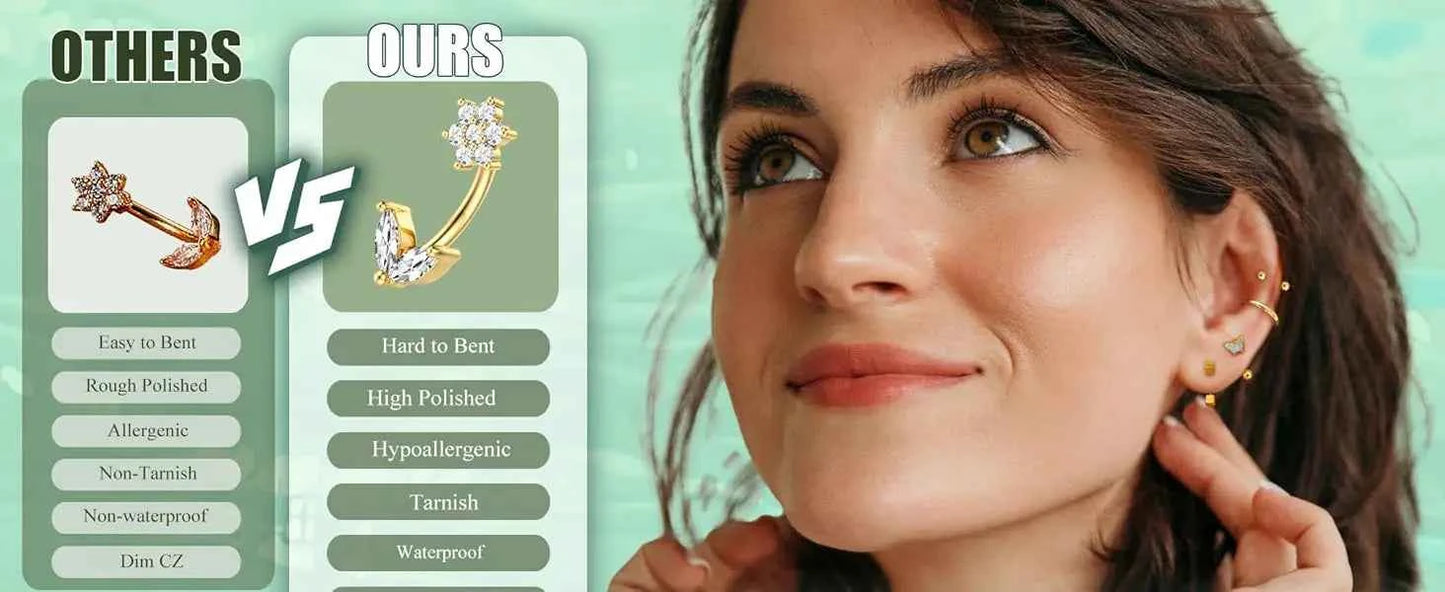 Body Piercing Jewelry Set - 14 Pcs 16G Surgical Steel Eyebrow Rook Belly Lip Rings
