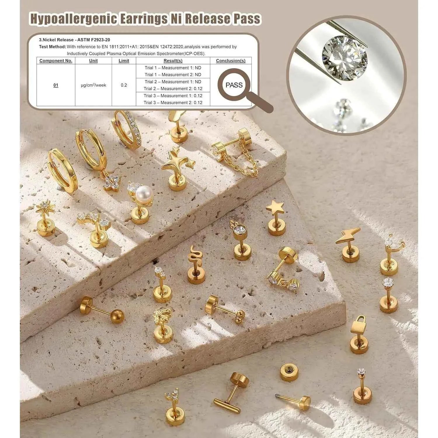 Earrings for Sensitive Ears - 25 Pcs Surgical Steel Flat Back Studs & Hoops Set