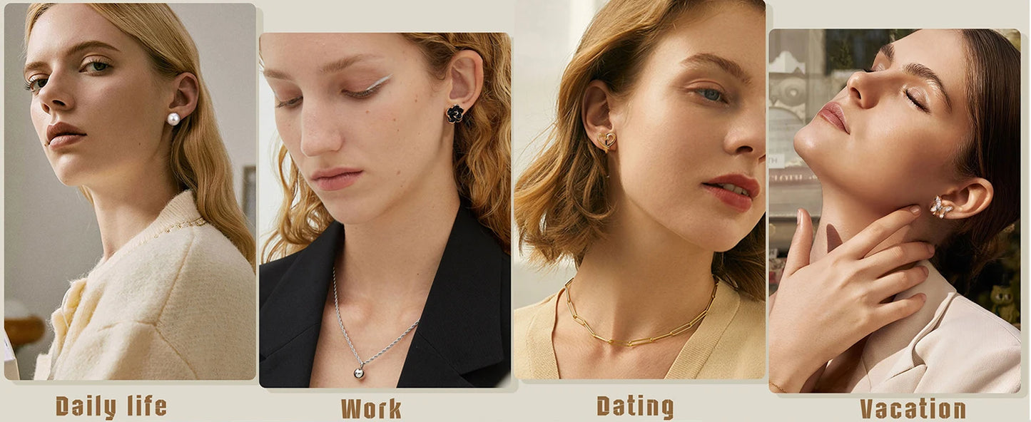 Four scenarios showing women wearing jewelry: Daily life, Work, Dating, Vacation.
