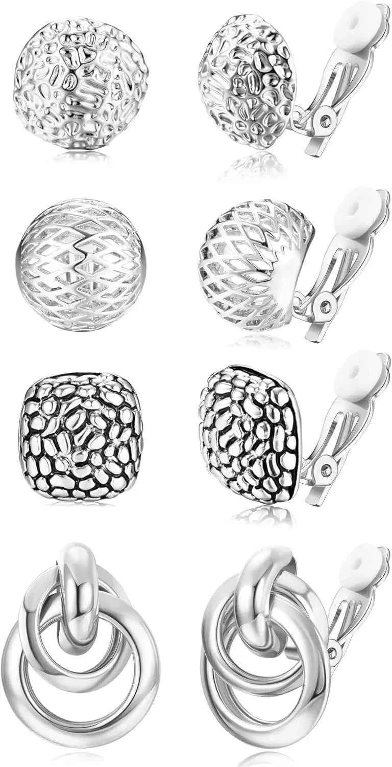4Pairs Clip On Earrings for Women Chunky Teardrop Clip Earrings Twist Round Clip On Stud Earrings No Piercing Fake Earrings Set